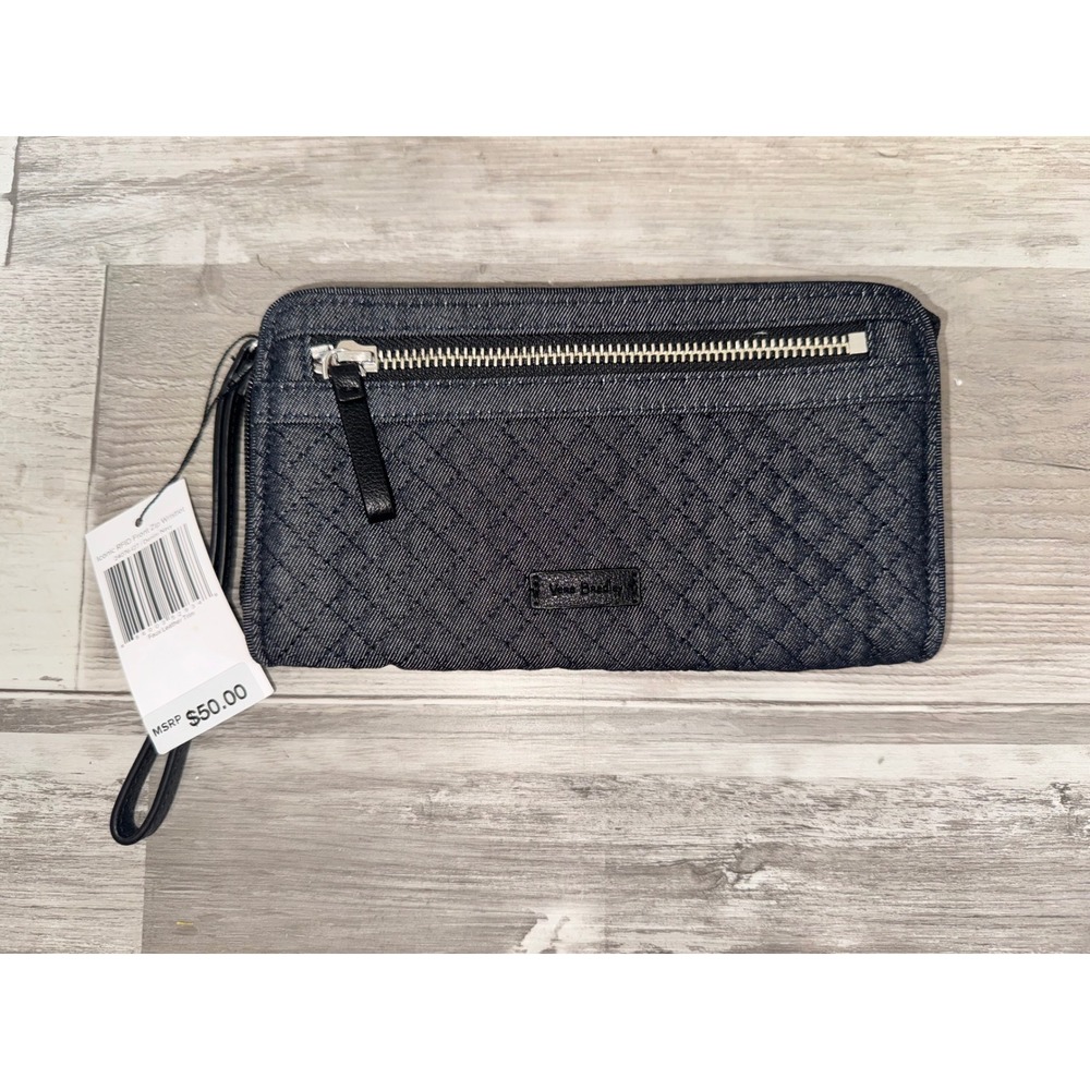 Vera Bradley Iconic RFID Front Zip Wristlet Women Navy Quilted Denim New OS